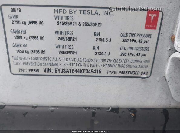 5YJSA1E44KF349416 2019 TESLA MODEL S White Շարժիչի բաժամունքի տեսք