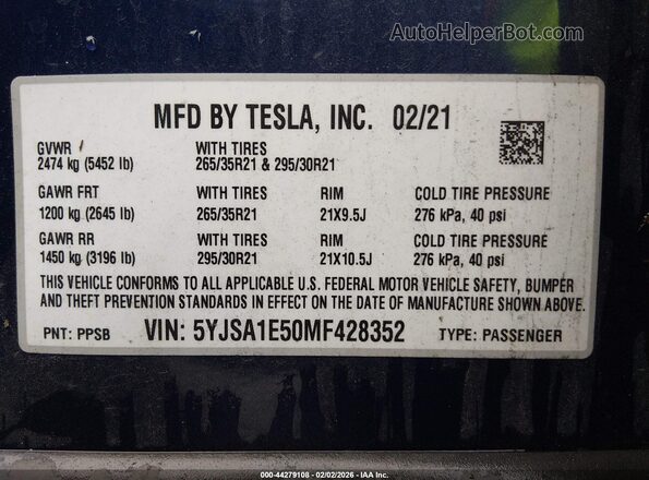 5YJSA1E50MF428352 2021 TESLA MODEL S Blue ძრავის განყოფილების ხედი