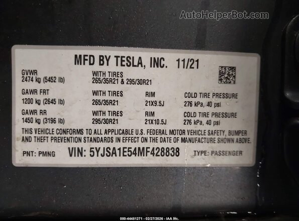 5YJSA1E54MF428838 2021 TESLA MODEL S Gray 