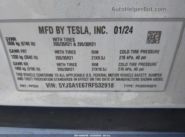 5YJSA1E67RF532918 2024 TESLA MODEL S White Вид підкапотного простору