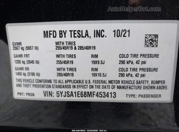 5YJSA1E68MF453413 2021 TESLA MODEL S Black Вид підкапотного простору