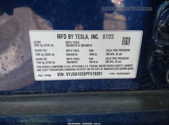 5YJSA1E69PF519391 2023 TESLA MODEL S Blue Շարժիչի բաժամունքի տեսք