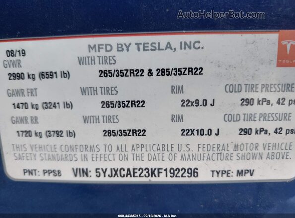 5YJXCAE23KF192296 2019 TESLA MODEL X Blue Vista del compartimento del motor
