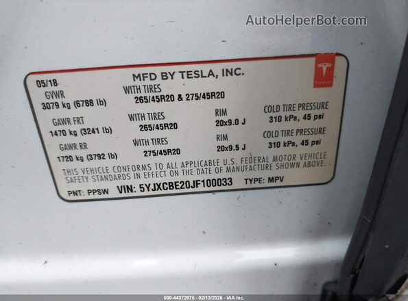 5YJXCBE20JF100033 2018 TESLA MODEL X White 