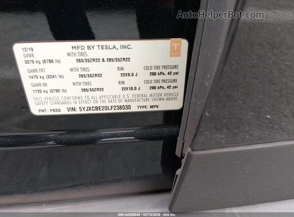 5YJXCBE20LF238030 2020 TESLA MODEL X Black Vista del compartimento del motor