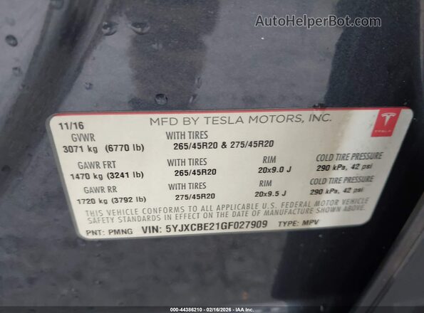 5YJXCBE21GF027909 2016 TESLA MODEL X Gray 