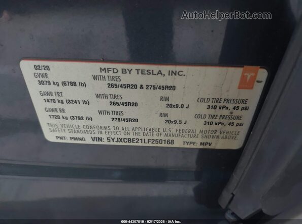 5YJXCBE21LF250168 2020 TESLA MODEL X Gray Вид підкапотного простору