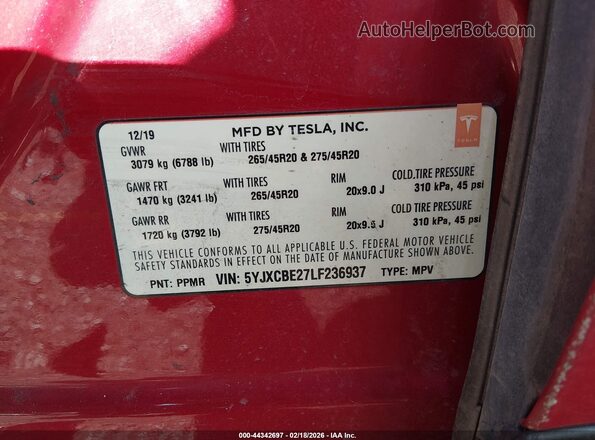 5YJXCBE27LF236937 2020 TESLA MODEL X Red Vista del compartimento del motor