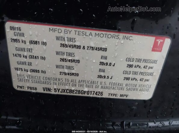 5YJXCBE28GF017426 2016 TESLA MODEL X Black Вид підкапотного простору