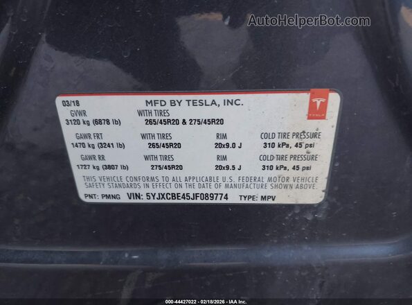 5YJXCBE45JF089774 2018 TESLA MODEL X Серый Вид подкапотного пространства