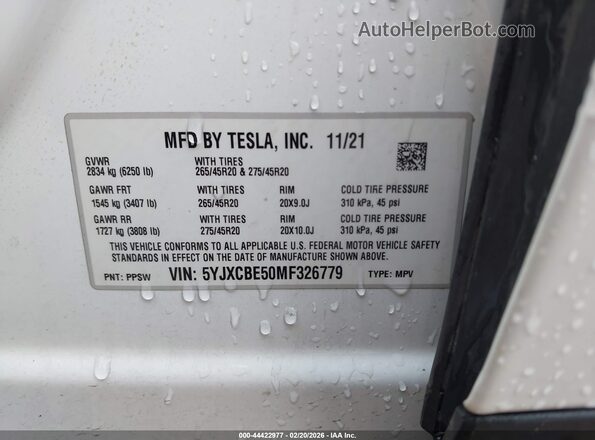 5YJXCBE50MF326779 2021 TESLA MODEL X White ძრავის განყოფილების ხედი