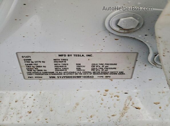 5YJYGDED2MF103543 2021 TESLA MODEL White VIN კოდის სტიკერის ხედი