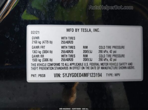 5YJYGDED4MF123194 2021 TESLA MODEL Y Black Շարժիչի բաժամունքի տեսք