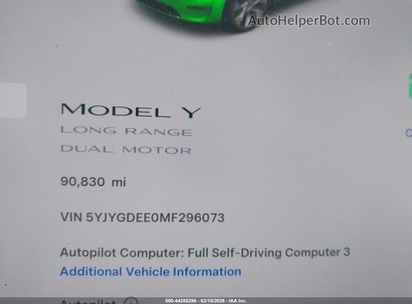 5YJYGDEE0MF296073 2021 TESLA MODEL Y Белый Панорамный вид салона 360°