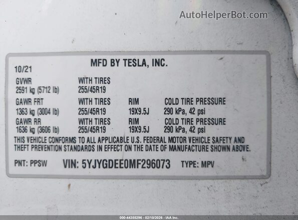 5YJYGDEE0MF296073 2021 TESLA MODEL Y Белый Вид подкапотного пространства