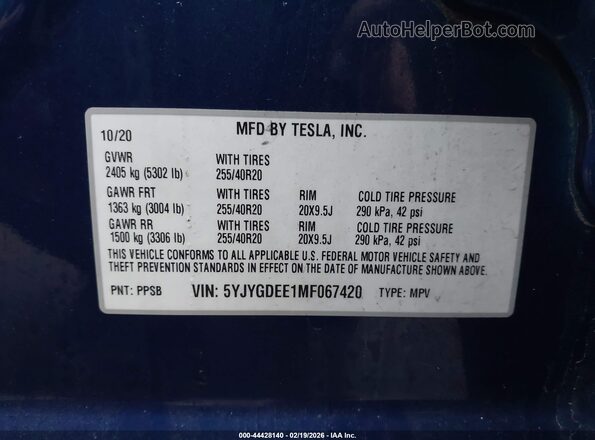 5YJYGDEE1MF067420 2021 TESLA MODEL Y Синий 