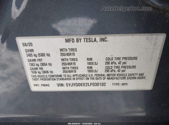 5YJYGDEE2LF030102 2020 TESLA MODEL Y Blue Vista del compartimento del motor