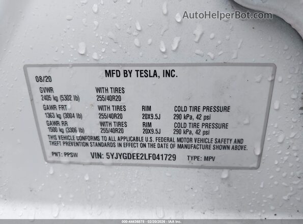 5YJYGDEE2LF041729 2020 TESLA MODEL Y White ძრავის განყოფილების ხედი