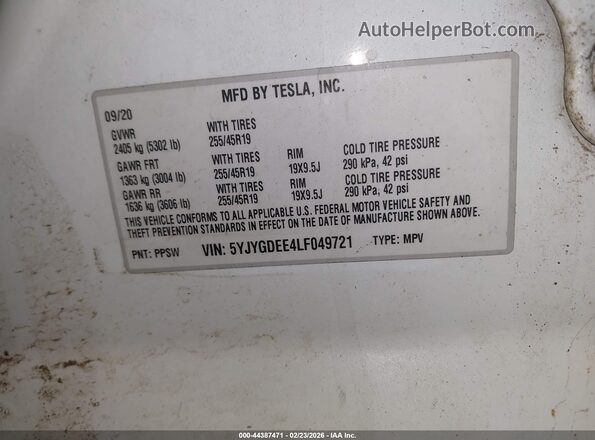 5YJYGDEE4LF049721 2020 TESLA MODEL Y White VIN sticker view