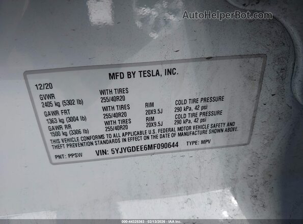 5YJYGDEE6MF090644 2021 TESLA MODEL Y Белый 