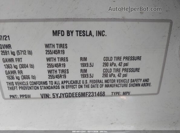 5YJYGDEE6MF231468 2021 TESLA MODEL Y White Widok komory silnika