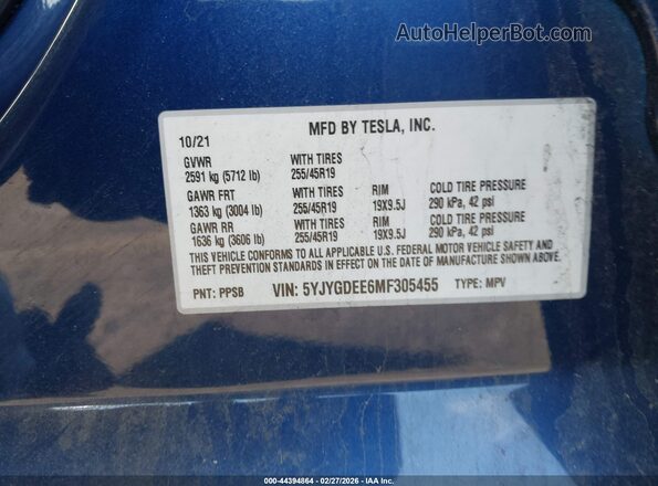 5YJYGDEE6MF305455 2021 TESLA MODEL Y Blue Շարժիչի բաժամունքի տեսք