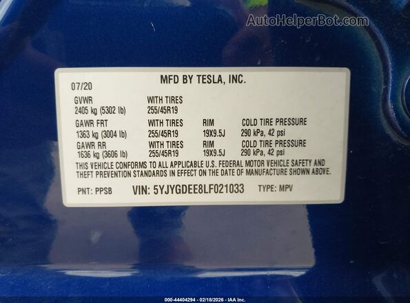 5YJYGDEE8LF021033 2020 TESLA MODEL Y Blue Vista del compartimento del motor
