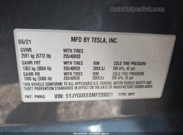 5YJYGDEE8MF209021 2021 TESLA MODEL Y Gray 