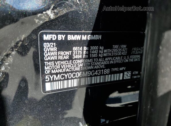 5YMCY0C06M9G43188 2021 BMW X6 Black VIN կոդի պիտակի տեսք