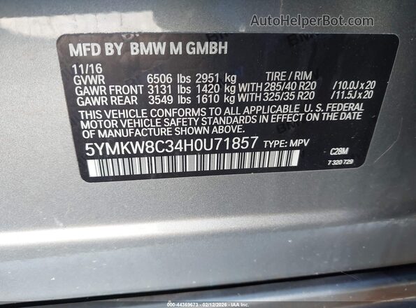 5YMKW8C34H0U71857 2017 BMW X6 M Gray 