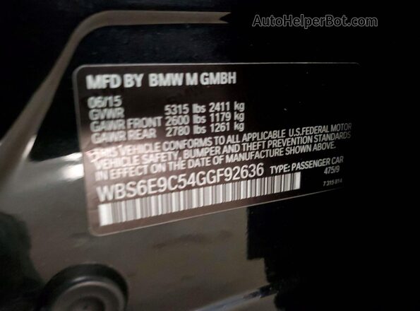 WBS6E9C54GGF92636 2016 BMW M6 Black Вид наклейки з VIN-кодом