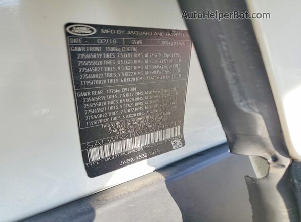 SALWR2RV0JA195712 2018 LAND ROVER RANGE ROVER White Вид наклейки з VIN-кодом