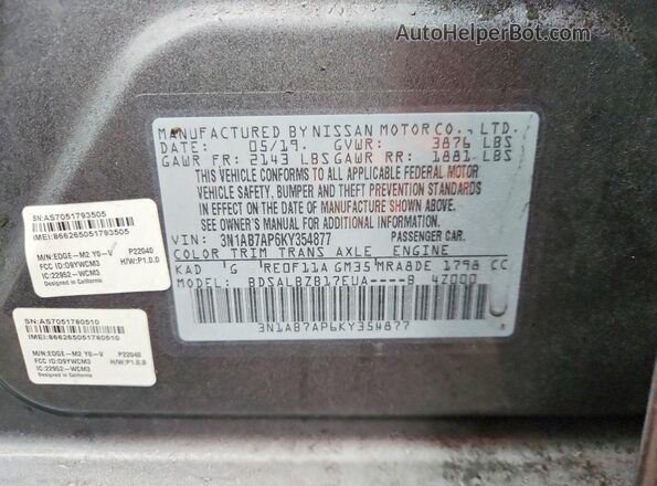 3N1AB7AP6KY354877 2019 NISSAN SENTRA Gray 