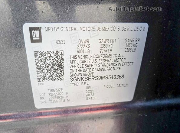 3GNKBERS9MS546368 2021 CHEVROLET BLAZER Charcoal 