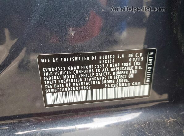 3VW6T7AU0KM015607 2019 VOLKSWAGEN GTI Gray VIN կոդի պիտակի տեսք