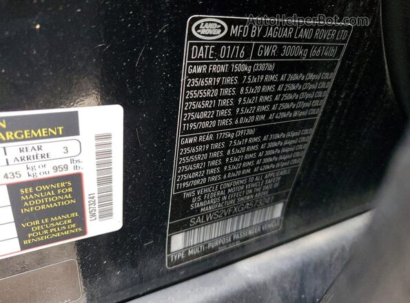 SALWS2VFXGA573241 2016 LAND ROVER RANGE ROVER Black Սալոնի 360 աստիճան տեսք