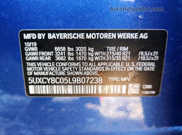 5UXCY8C05L9B07238 2020 BMW X6 Blue Vista interior de 360 grados