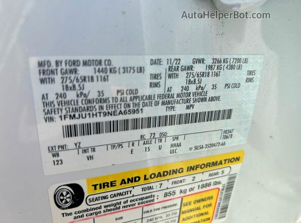1FMJU1HT9NEA65951 2022 FORD EXPEDITION White Widok wnętrza z tyłu