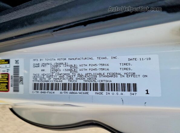 5TFRX5GN0KX139640 2019 TOYOTA TACOMA White VIN կոդի պիտակի տեսք