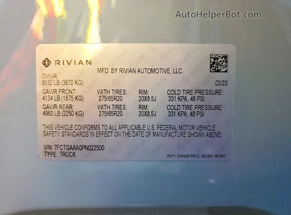 7FCTGAAA0PN022500 2023 RIVIAN RIT Серый Вид наклейки с VIN-кодом