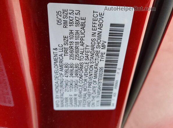 7FARS4H78TE000395 2026 HONDA CR-V Red VIN կոդի պիտակի տեսք