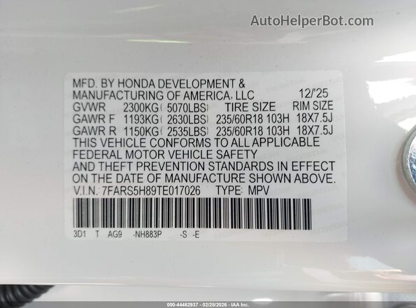 7FARS5H89TE017026 2026 HONDA CR-V White Vista del compartimento del motor