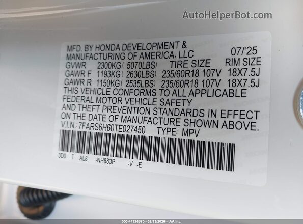 7FARS6H60TE027450 2026 HONDA CR-V HYBRID Белый 