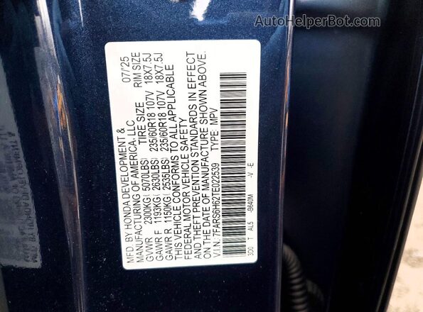 7FARS6H62TE022539 2026 HONDA CR-V Синий Вид наклейки с VIN-кодом