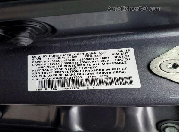 7FARW2H81KE017555 2019 HONDA CR-V Gray 