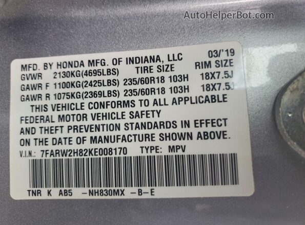 7FARW2H82KE008170 2019 HONDA CR-V Silver 