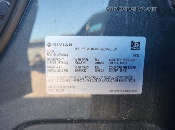 7FCTGAAA1NN011275 2022 RIVIAN R1T Charcoal Engine compartment view