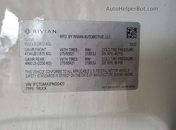 7FCTGAAA2PN000420 2023 RIVIAN R1T White 