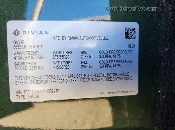 7FCTGAAA6RN032242 2024 RIVIAN R1T Green Widok naklejki z numerem VIN