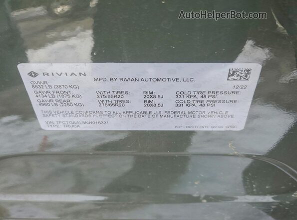 7FCTGAAL8NN016331 2022 RIVIAN R1T Green Vista de la etiqueta del VIN